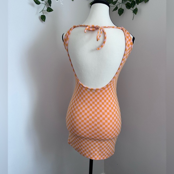Bershka Orange and White Checkered Halter Mini Dress Size XS open back - Picture 7 of 8